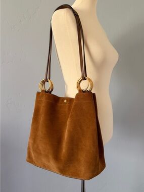 Tory Burch Farrah Suede Tote Tan Camel Triple Gold Ring Hardware Like New